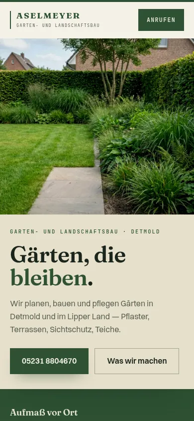 Aselmeyer, Garten- und Landschaftsbau in Detmold — eine Seite, wie wir sie bauen.