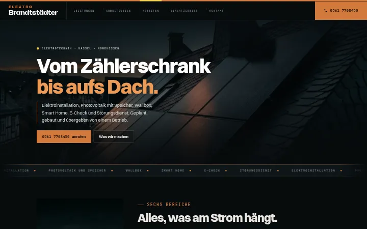 Beispielseite für einen Elektrotechnik-Betrieb, von uns gebaut. Den Betrieb gibt es nicht.