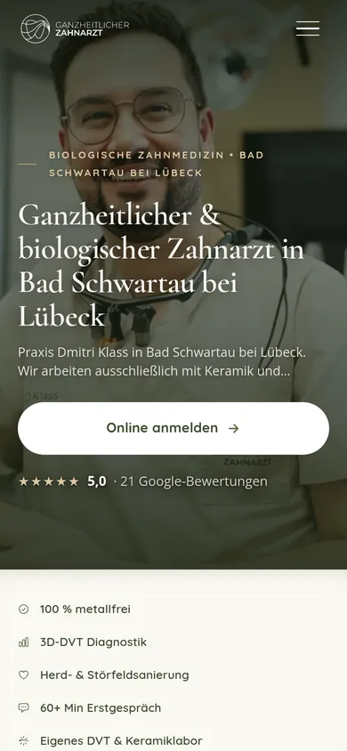 Die von uns gebaute Seite ganzheitlicher-zahnarzt.de auf dem Handy, Zahnarztpraxis in Bad Schwartau.