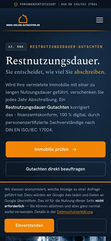 Die von uns gebaute Seite immo-online-gutachten.de auf dem Handy, Immobilienbewertung in Bremen.