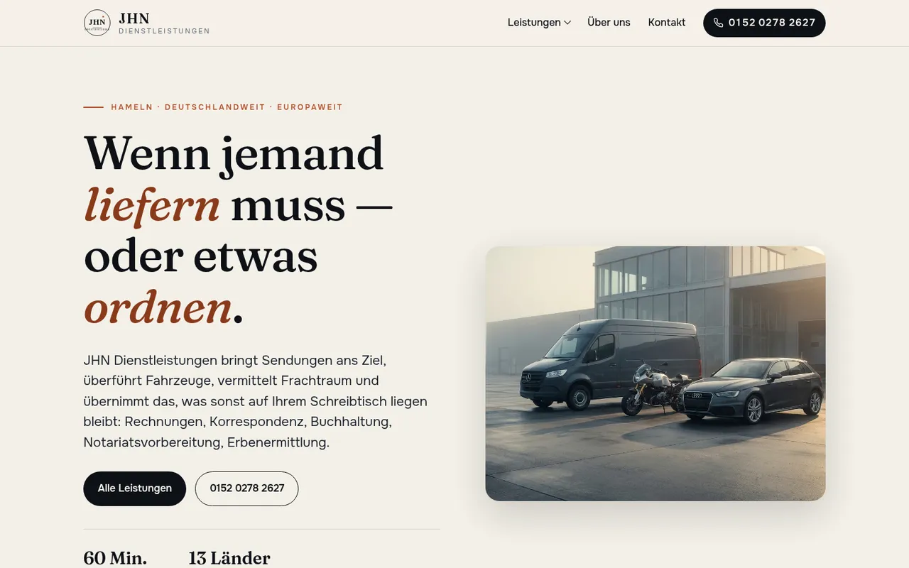 Startseite von jhn-dienstleistungen.de, Transport und Büroservice in Hameln.