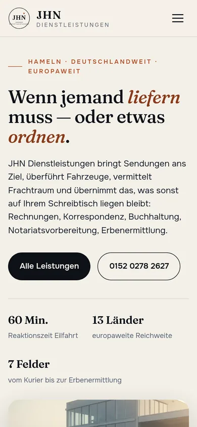 Die von uns gebaute Seite jhn-dienstleistungen.de auf dem Handy, Transport und Büroservice in Hameln.