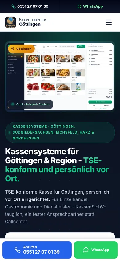 Die von uns gebaute Seite kassensysteme-goettingen.de auf dem Handy, Kassenfachhandel in Göttingen.