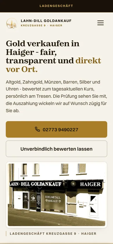 Die von uns gebaute Seite lahn-dill-goldankauf.de auf dem Handy, Goldankauf in Haiger.