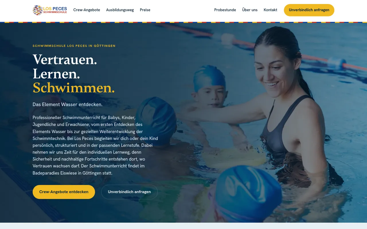 Startseite von los-peces.de, Schwimmschule in Göttingen.